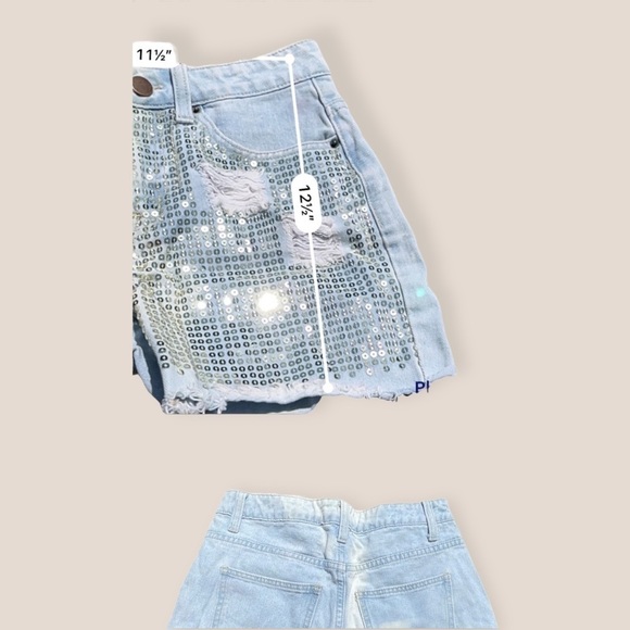 FOREVER 21 Light Wash Denim Distressed Sequins Festival Long Bermuda Jean Shorts - Picture 5 of 8